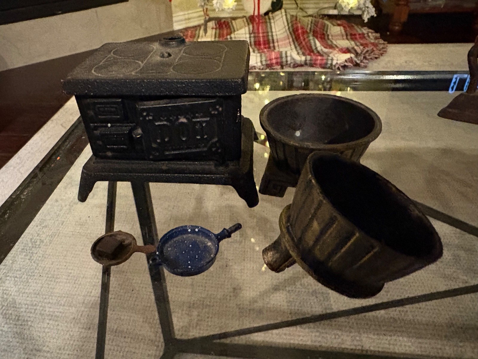 Vintage Miniature Cast Iron DOT Stove Bank w various Metal pieces