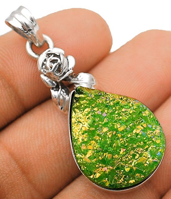 Flower Natural Titanium Druzy 925 Solid Sterling Silver Pendant 
