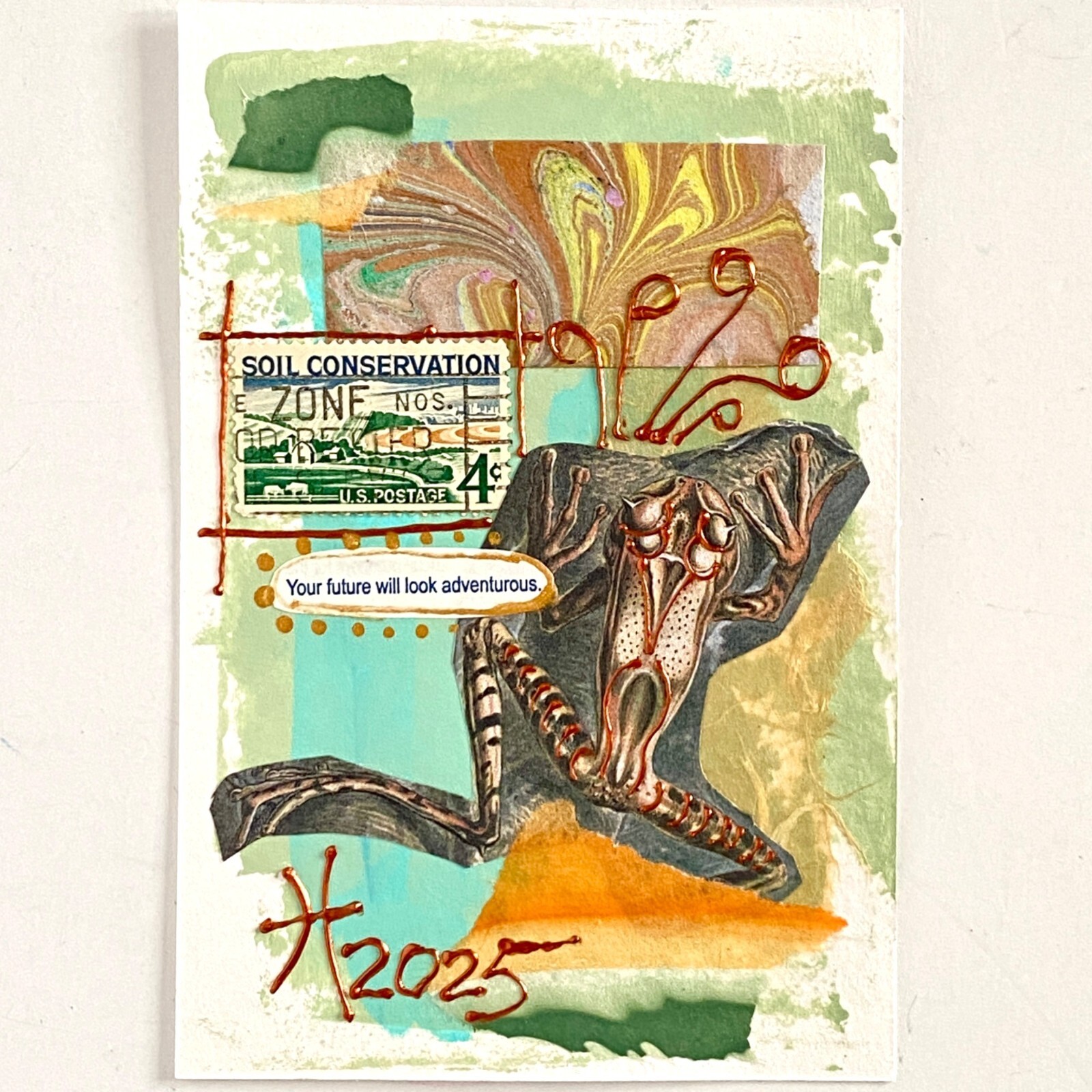 Croakin 6 Original Frog Collage Painting Wall Art Matted 8x10in Frame Ready