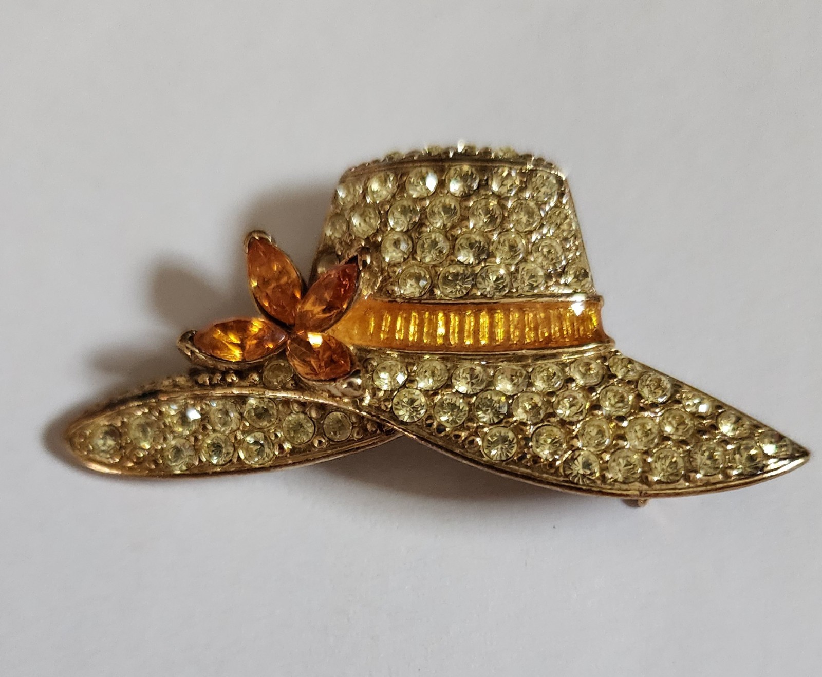 Vintage Monet Gold Tone Sun Hat Brooch With Clear And Citrine Rhinestones