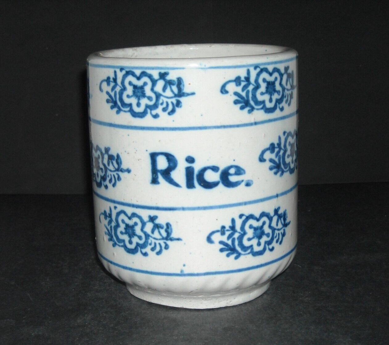 Antique Blue White Stenciled Small Snowflake RICE Canister Stoneware Salt Glazed