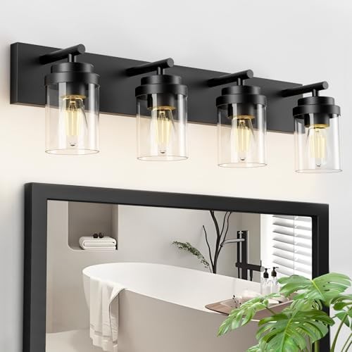  Bathroom Vanity Light Fixture 27.5 Inch 4-Light Black - Clear Glass Shade