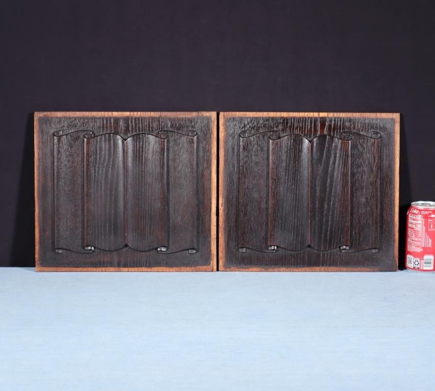Antique Pair of French Gothic Revival Panels in Chestnut w/Linen Fold Carvings