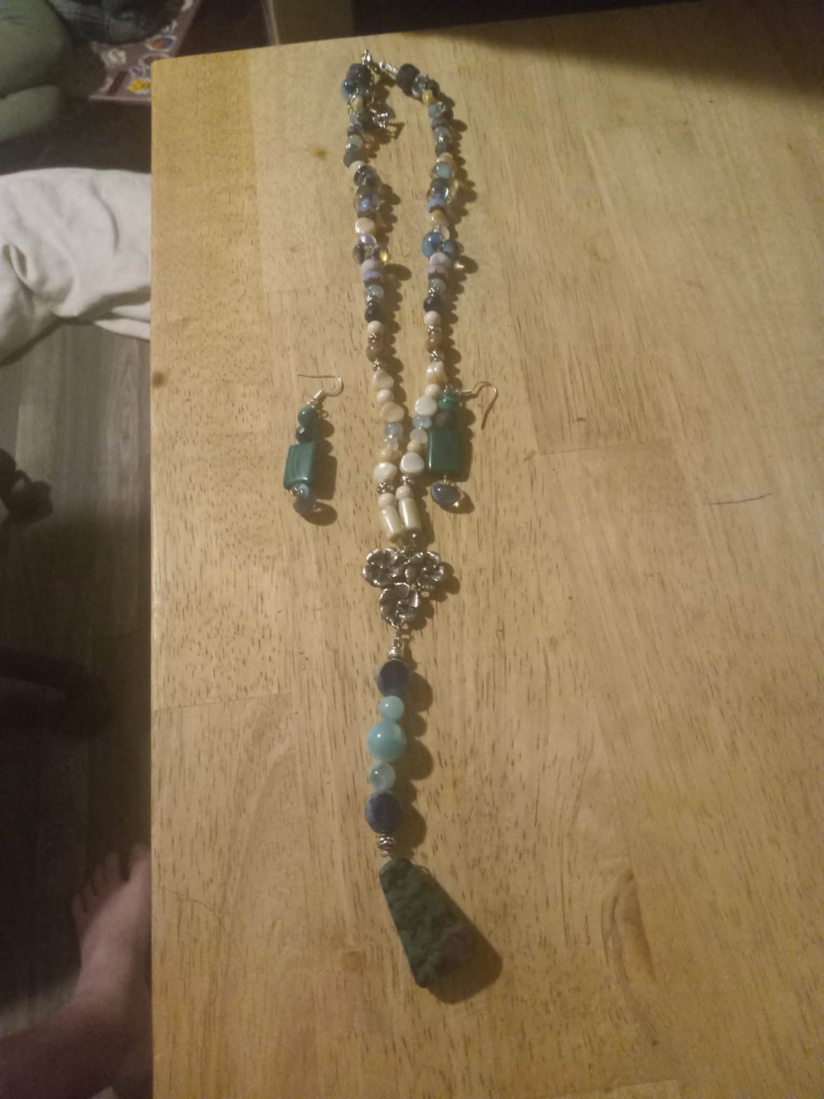 Nephrite Jade Stone Pendant  Aquamarine, Fossil Jasper, Glass Bead Necklace Set