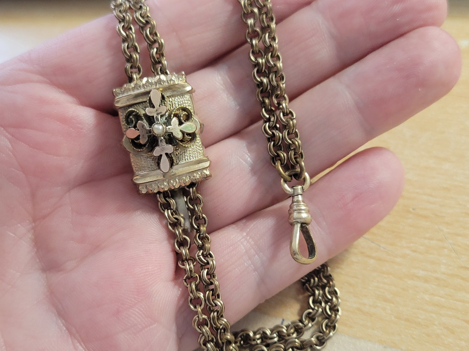 Antique Gold Filled Victorian Slide Pocket Watch Fob Necklace Chain w/Seed Pearl