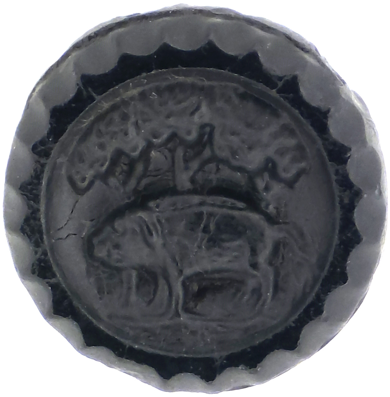 C1890s Antique Victorian Black Glass Pig Wild Boar Button Scalloped Edge 0.56"