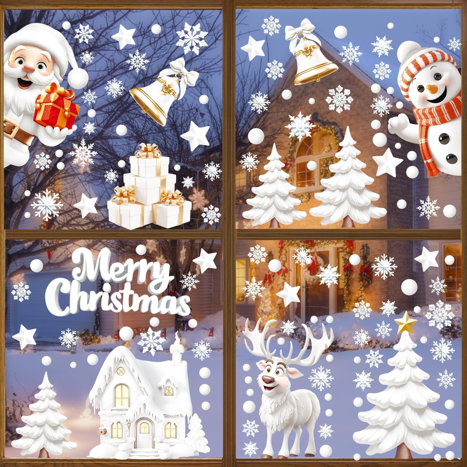 Christmas Window Clings, 9 Sheets Xmas Stickers Double-Sided White 