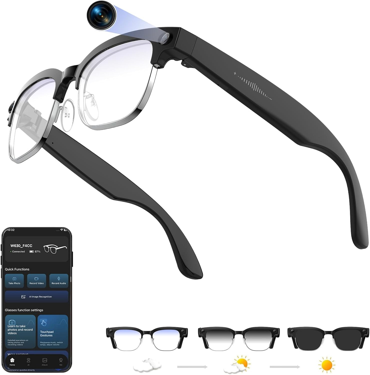 AI Smart Glasses with 4K Camera, 8MPW Anti-Shake Bluetooth Camera Glasses, 1080P