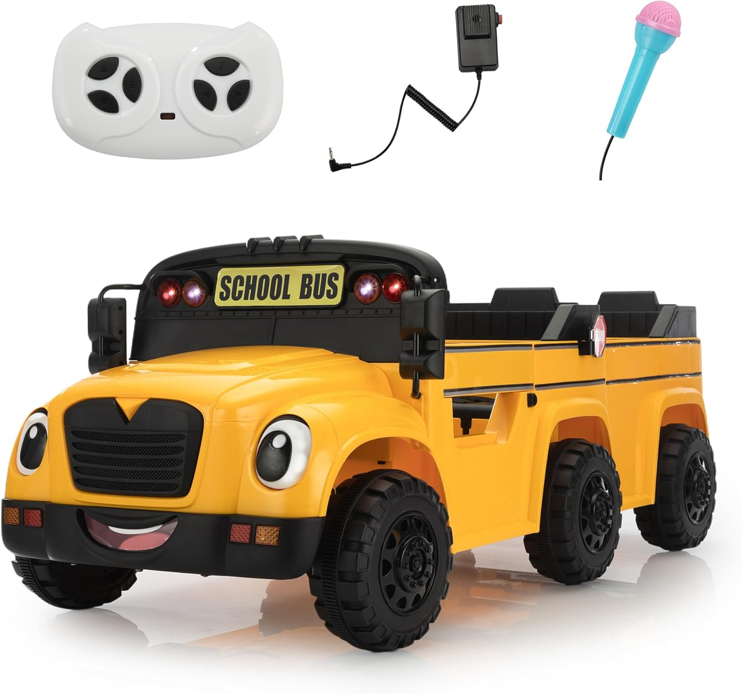 2 Seater Kids Eletric Ride on School Bus Toy, 35W-4WD Battery Powered Car with R