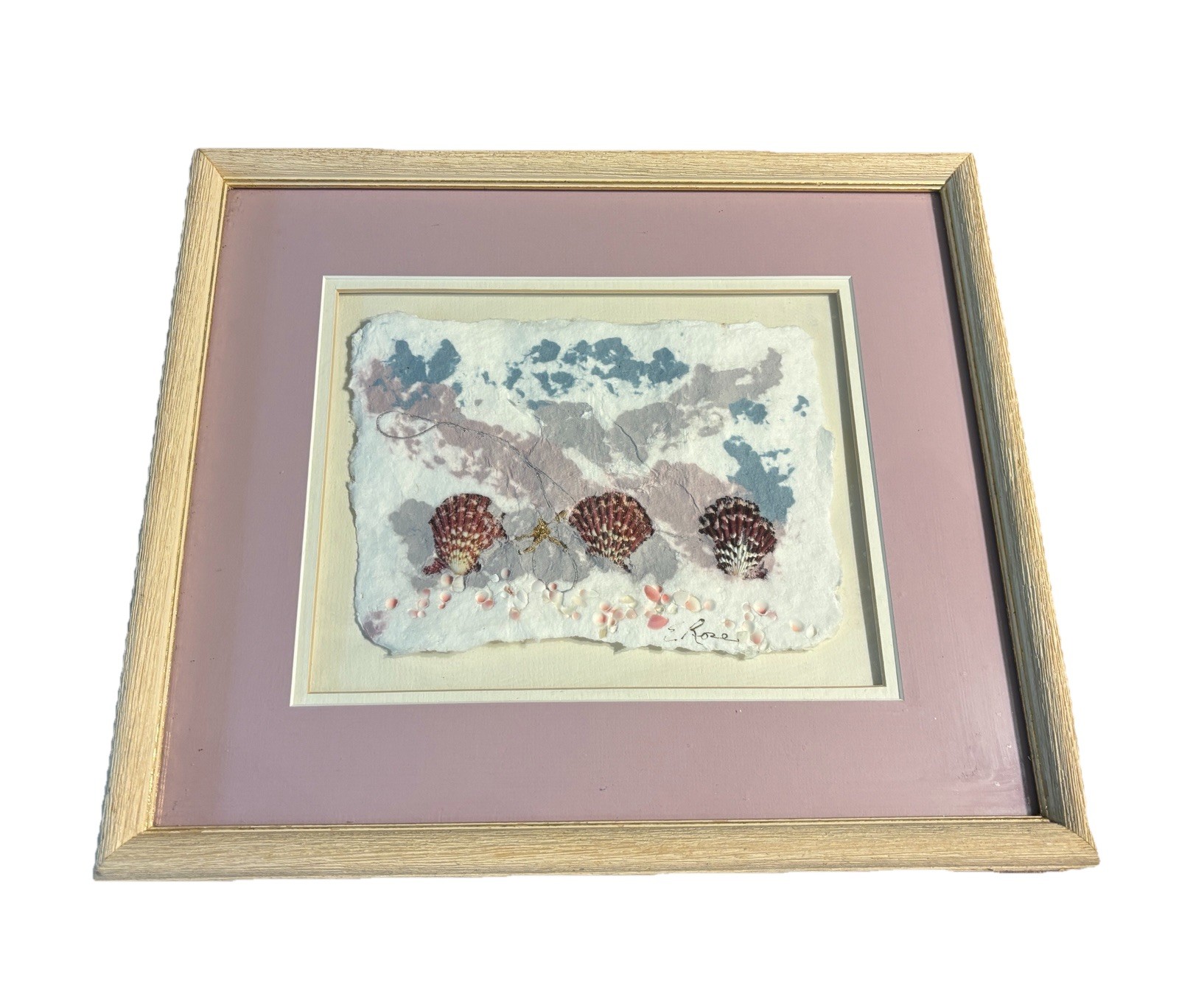 Elaine Rose Lanoue Mixed Media Fiber & Seashells Collage Coastal Framed Art