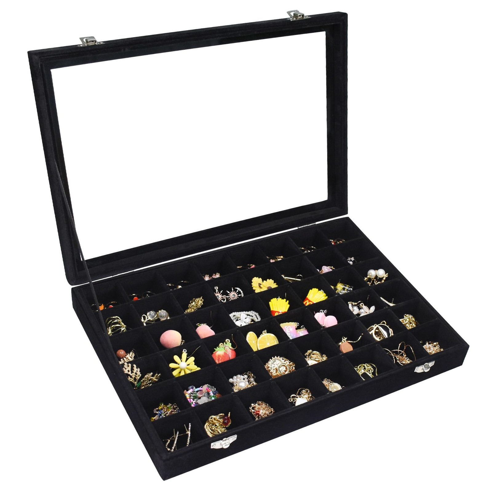 Velvet Jewelry Tray 48 Compartments Jewelry Display Organizer with Transparen...