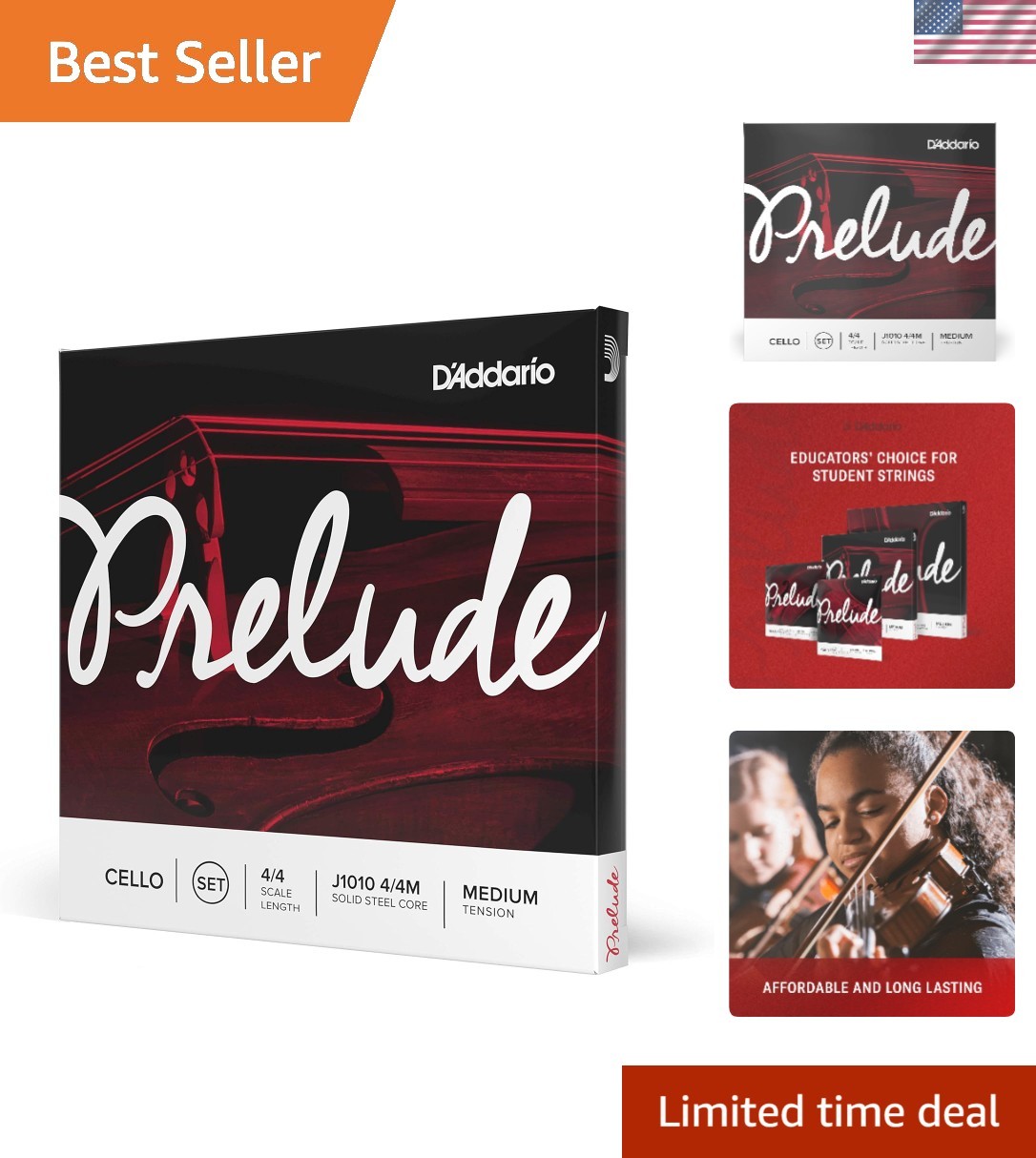 D’Addario J1010 Prelude Cello String Set, 4/4 Scale Medium Tension 1 Set –Sol...