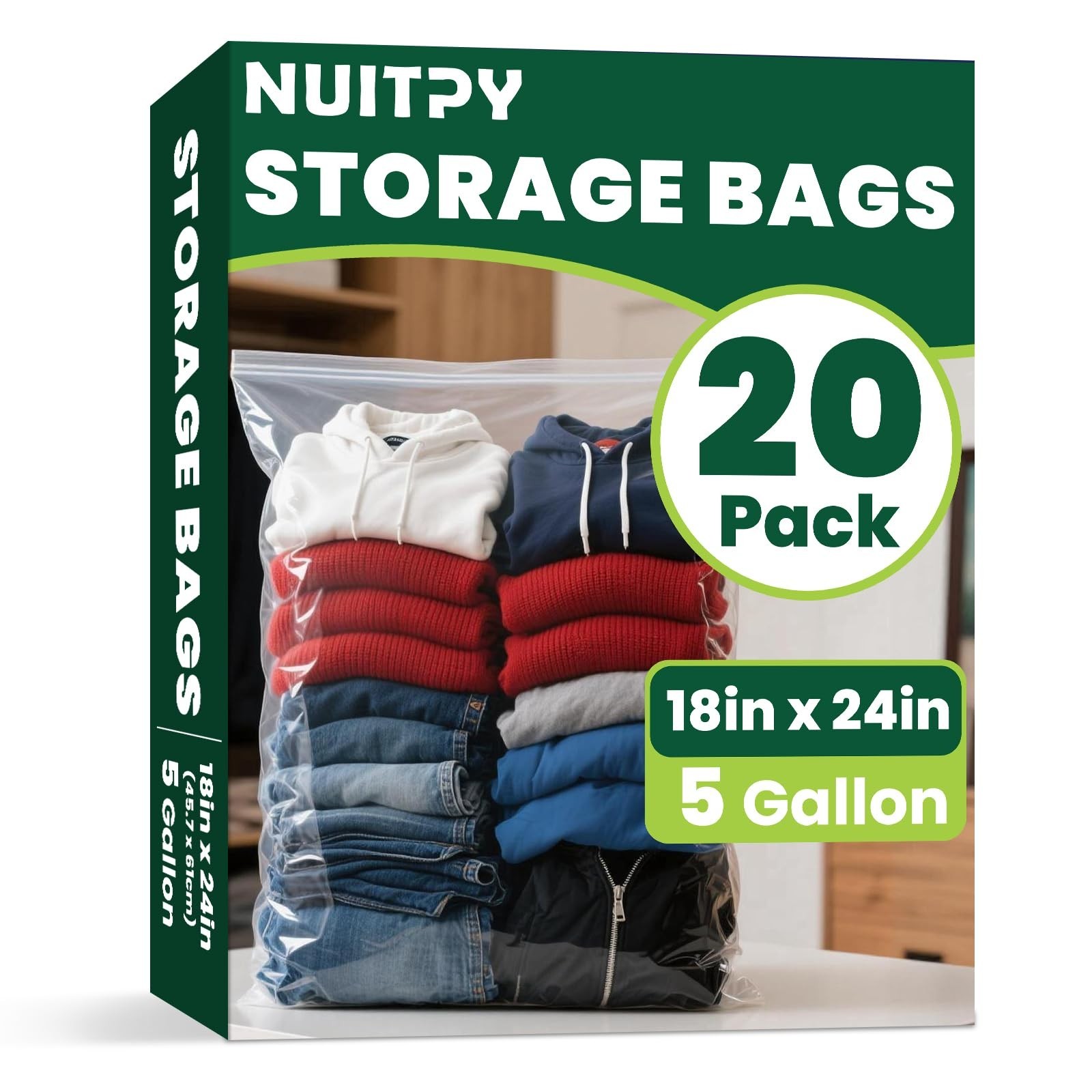 20 Pack Large 5 Gallon Storage Bags with Zipper Top, 18 x 24 inch Zipper Bags...