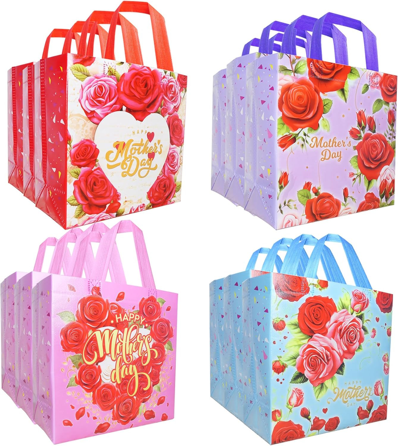 Happy Mother's Day Tote Gift Bags with Handles,16 Pcs Bulk Floral Non-Woven Love