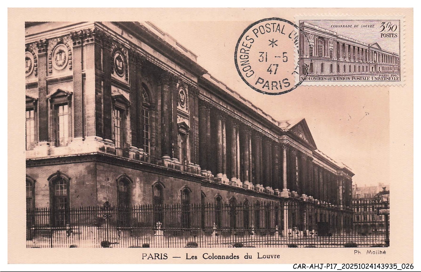 Car-Ahjp17-0790-Card-Maximum - Paris - The Colonnades Of The Louvre - 1947