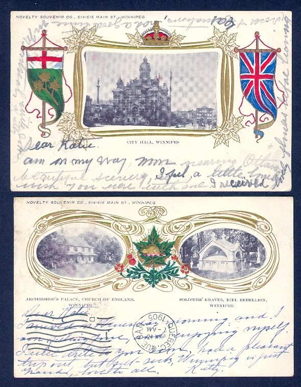 CANADA TWO MANITOBA PATRIOTIC PPC INKSTER 1905 SPLIT CIRCLE CANCELS TO QUEBEC