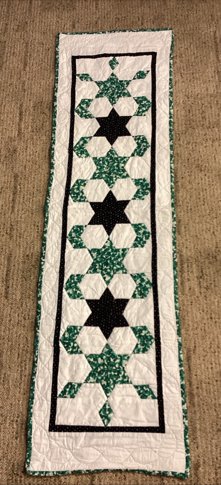 Vintage Handmade Stars Patchwork Table Runner Green And Blue 15” X 51”
