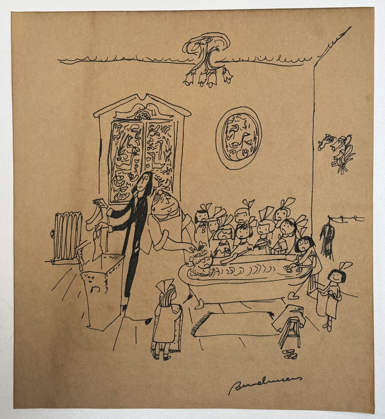Ludwig Bemelmans (Handmade) Drawing On old Paper Signed & Stamped Mixed Media
