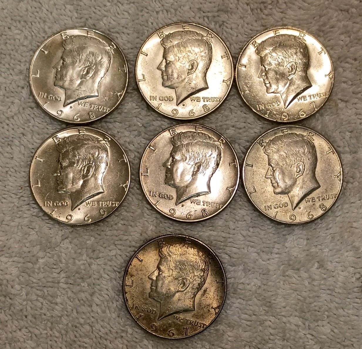 Lot of 7 - 40% Silver 1967-69 Kennedy Half Dollar About Uncirculated/Circulated