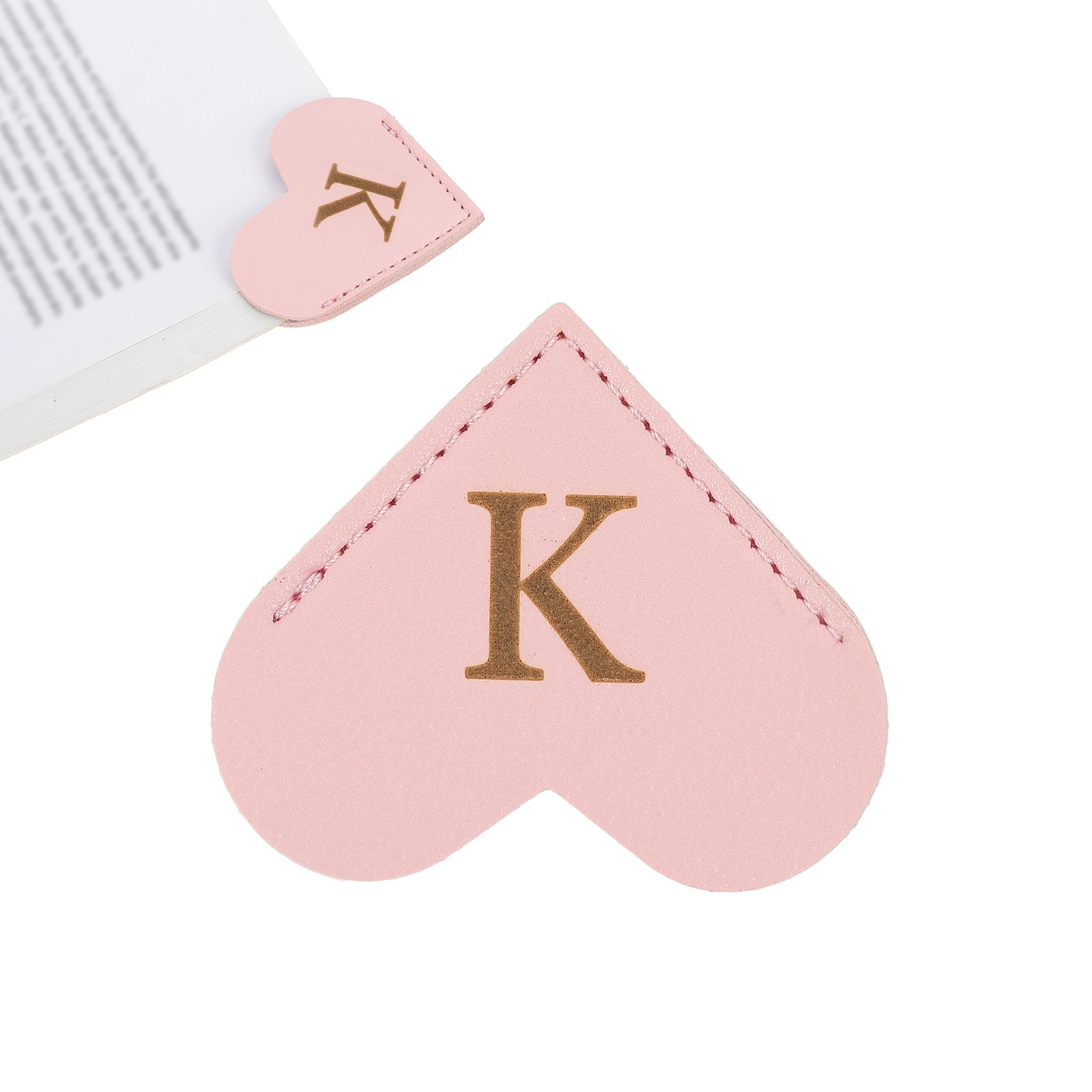 Initial K Corner Bookmarks,  Heart Shape Leather Book Marks Markers, Pink
