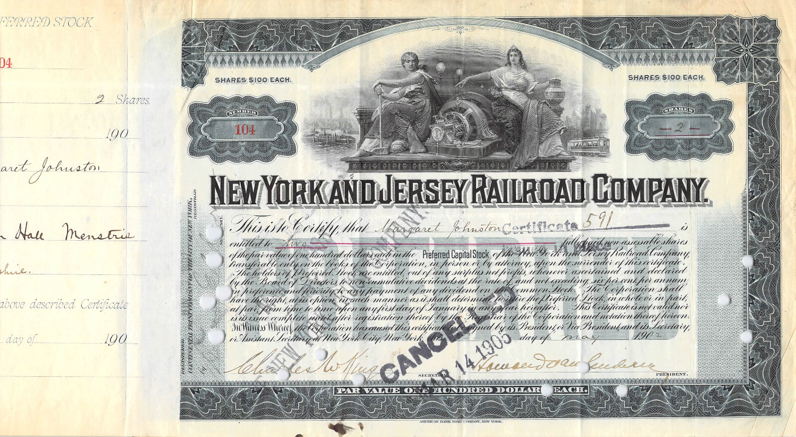 NEW YORK NEW JERSEY 2 RAILROAD RAILWAY STOCK CERTIFICATE