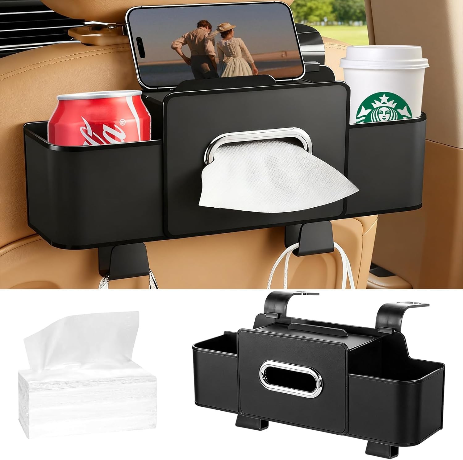Versatile 4-in-1 Car Storage Organizer with Hooks & Cup Holders | Universal Fit