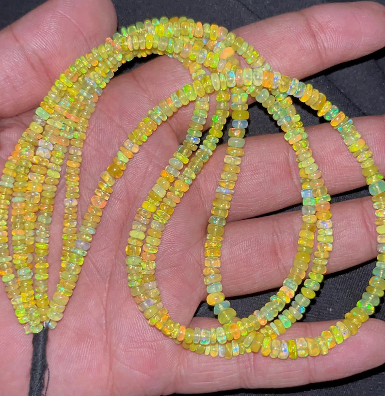 AAA+ Yellow Ethiopian Opal Smooth Rondelle Beads 3-4 mm Opal Beads 16 Inch Fire