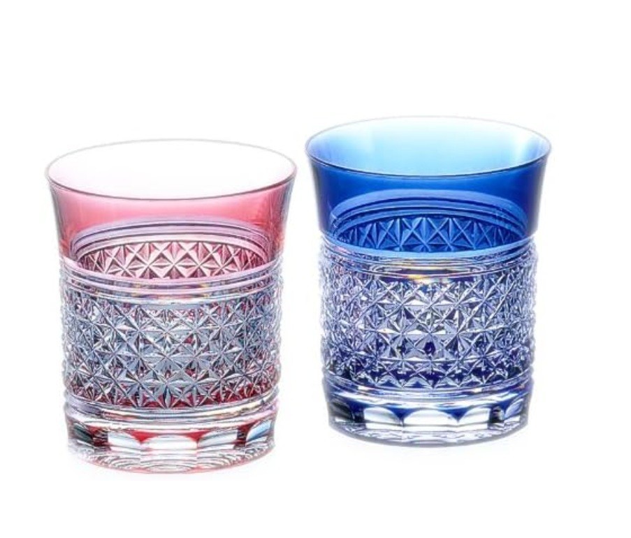 Kagami Crystal Pair of Rock Glasses 250cc Edo Kiriko with Hemp Leaf Red Blue