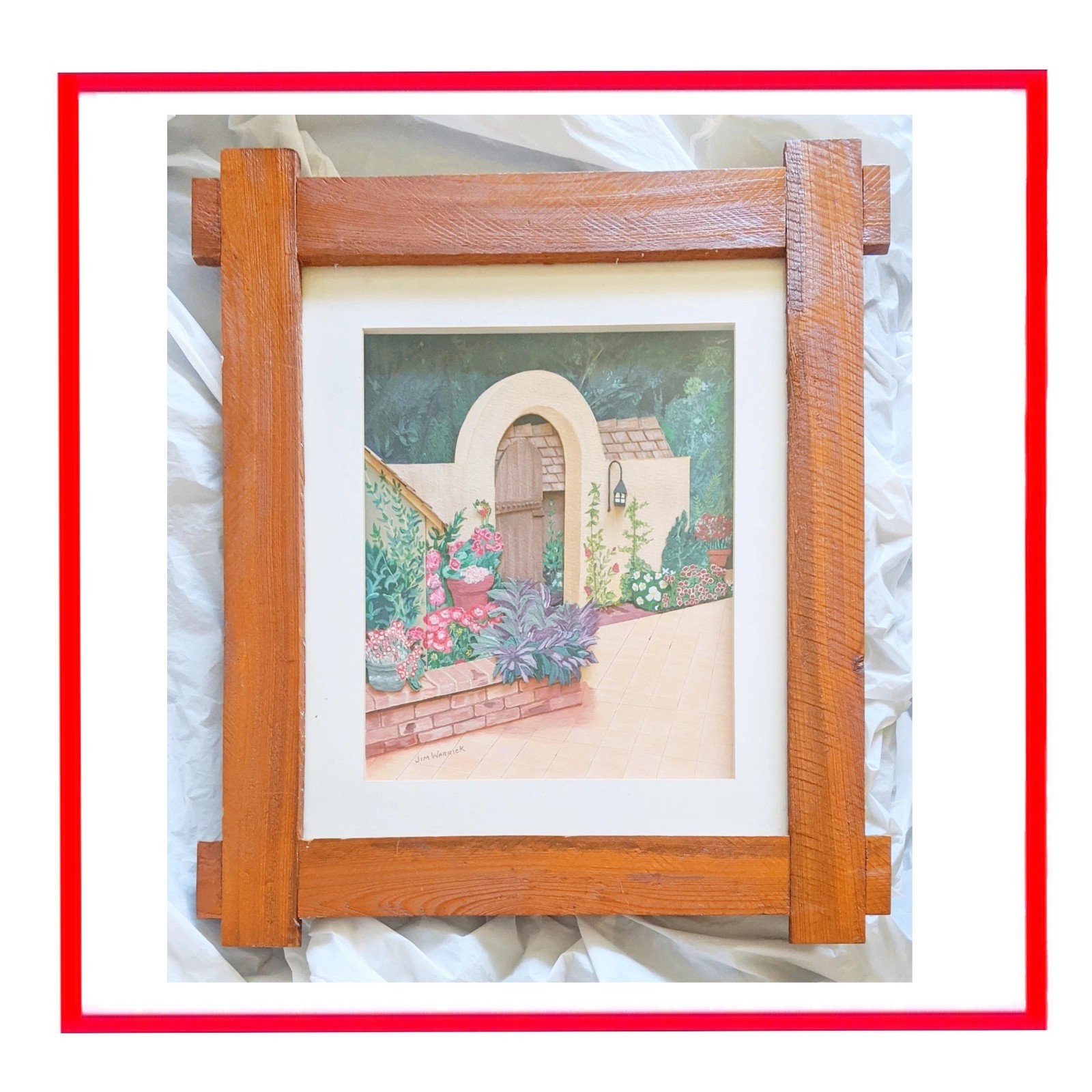 🖼️Jim Warrick Patio 3D Papercut Shadow Box Garden Signed Rustic Wood Framed Art