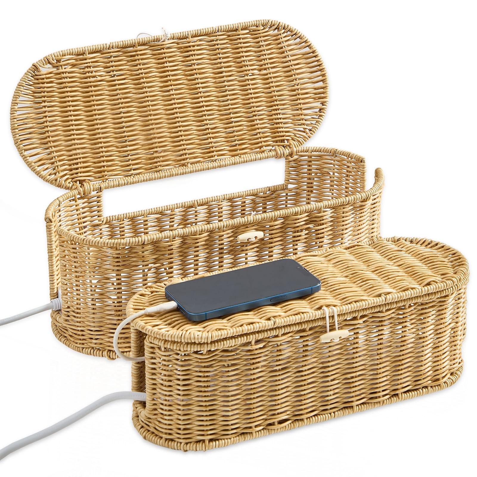 Cable Management Box 2Pack Caramel, Handwoven Large and Small Cable Organizer...