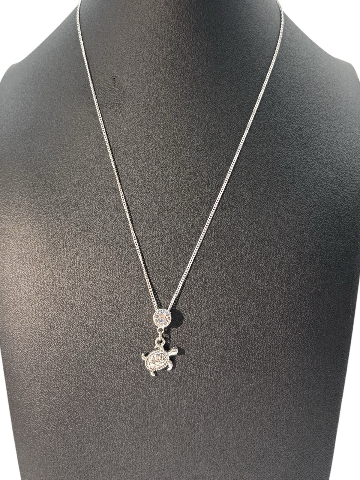 Vintage Silver Tone Shiny Cute Sea Turtle and Clear Rhinestone 19" Necklace