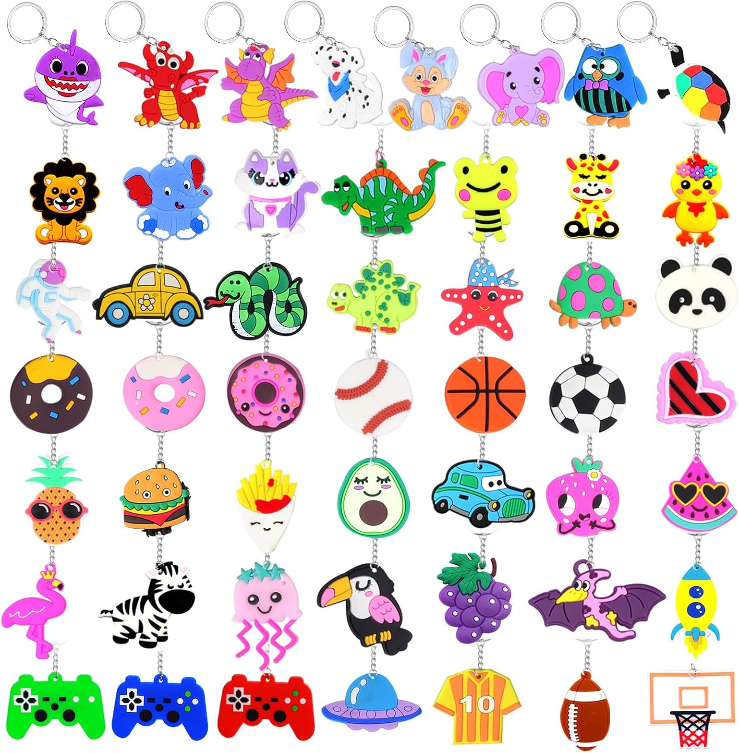 50Pcs Keychains Bulk for Kids Animal Sport Dinosaur Space Video Game Keyrings fo
