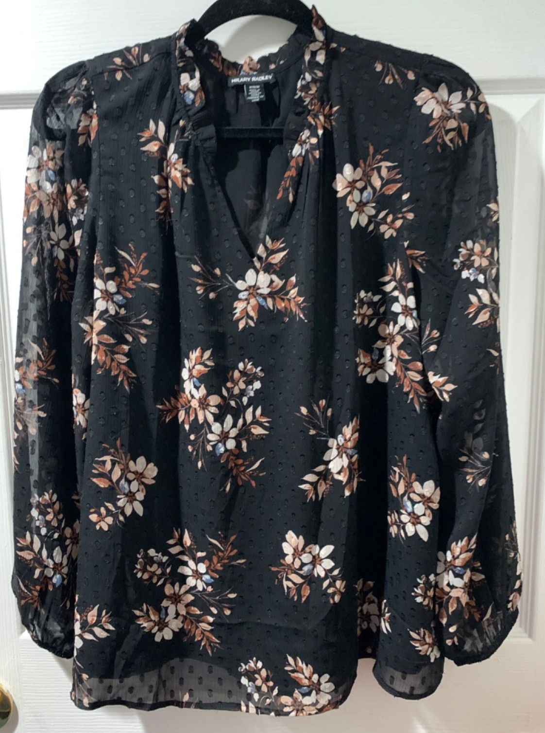 Hilary Radley Black w/ Floral Print & Clip Dot Ruffle at V Neck Top Women's M