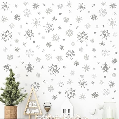  Winter Wall Decals Stickers, Gray Snow Stars Decorations Grey Snowflake