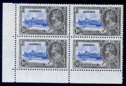 JAMAICA 1935 KGV 1½D EXTRA FLAGSTAFF VARIETY LL CORNER BLOCK OF 4