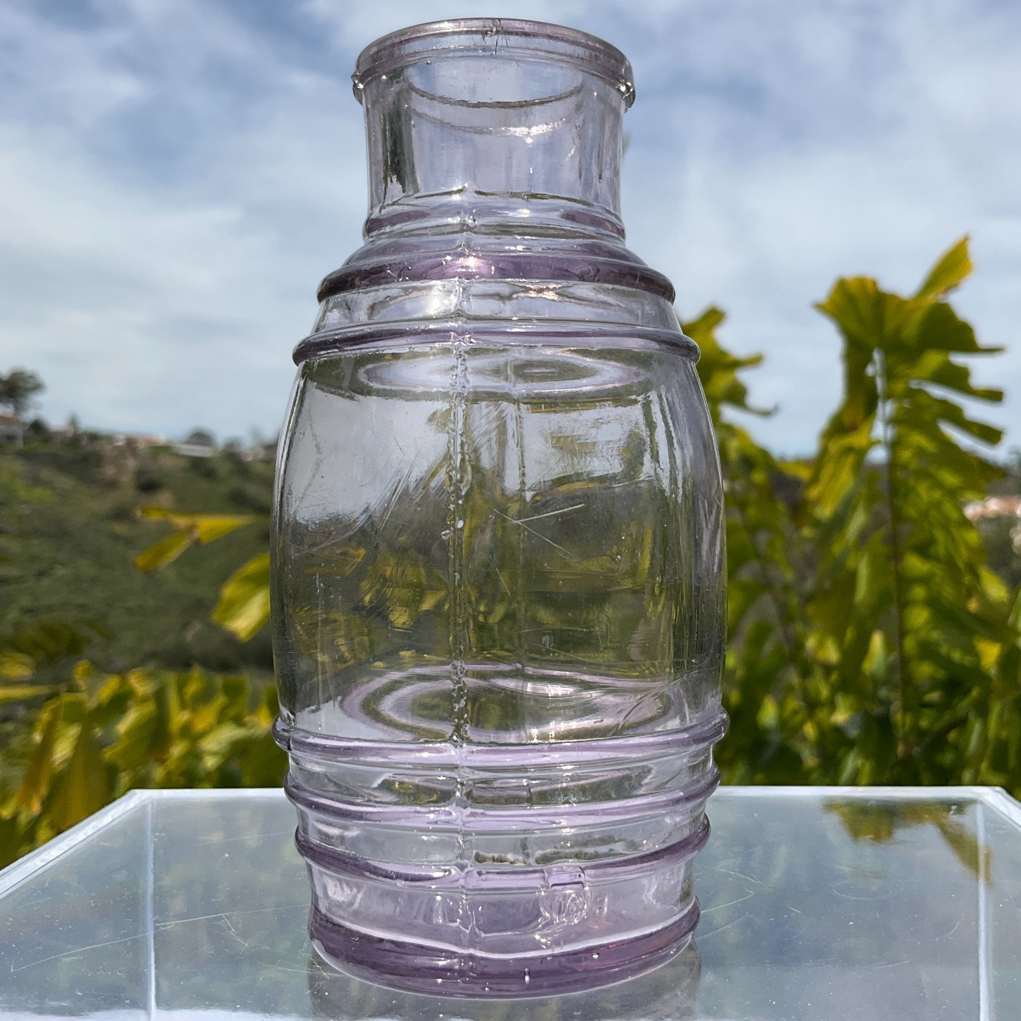 Vtg Antique Glass Bottle Small Barrel Mustard Jar Sun Amethyst Purple Color Nice