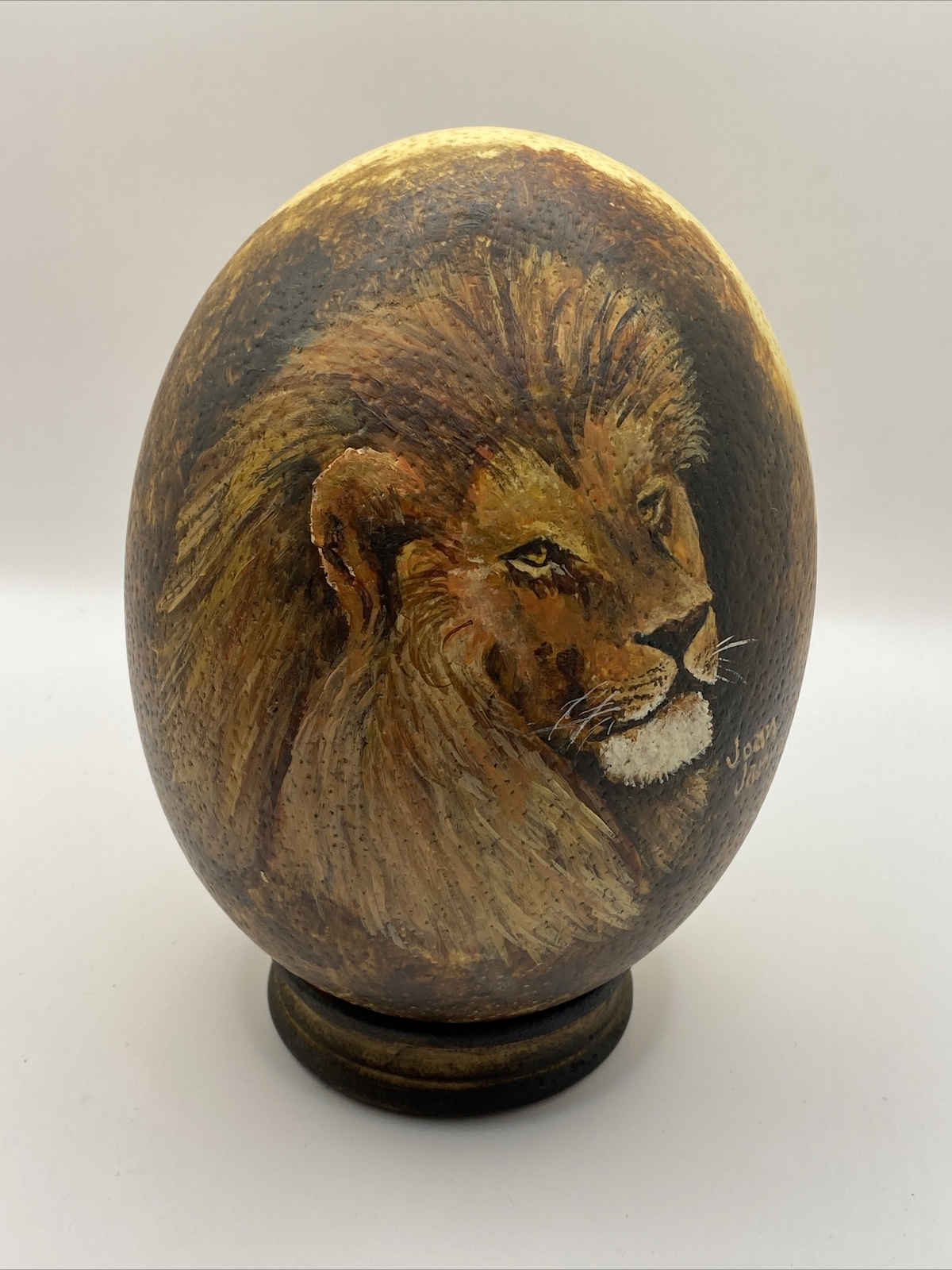 Signed Lion Hand Painted Ostrich Egg 6" with Stand by Joan Jarrell