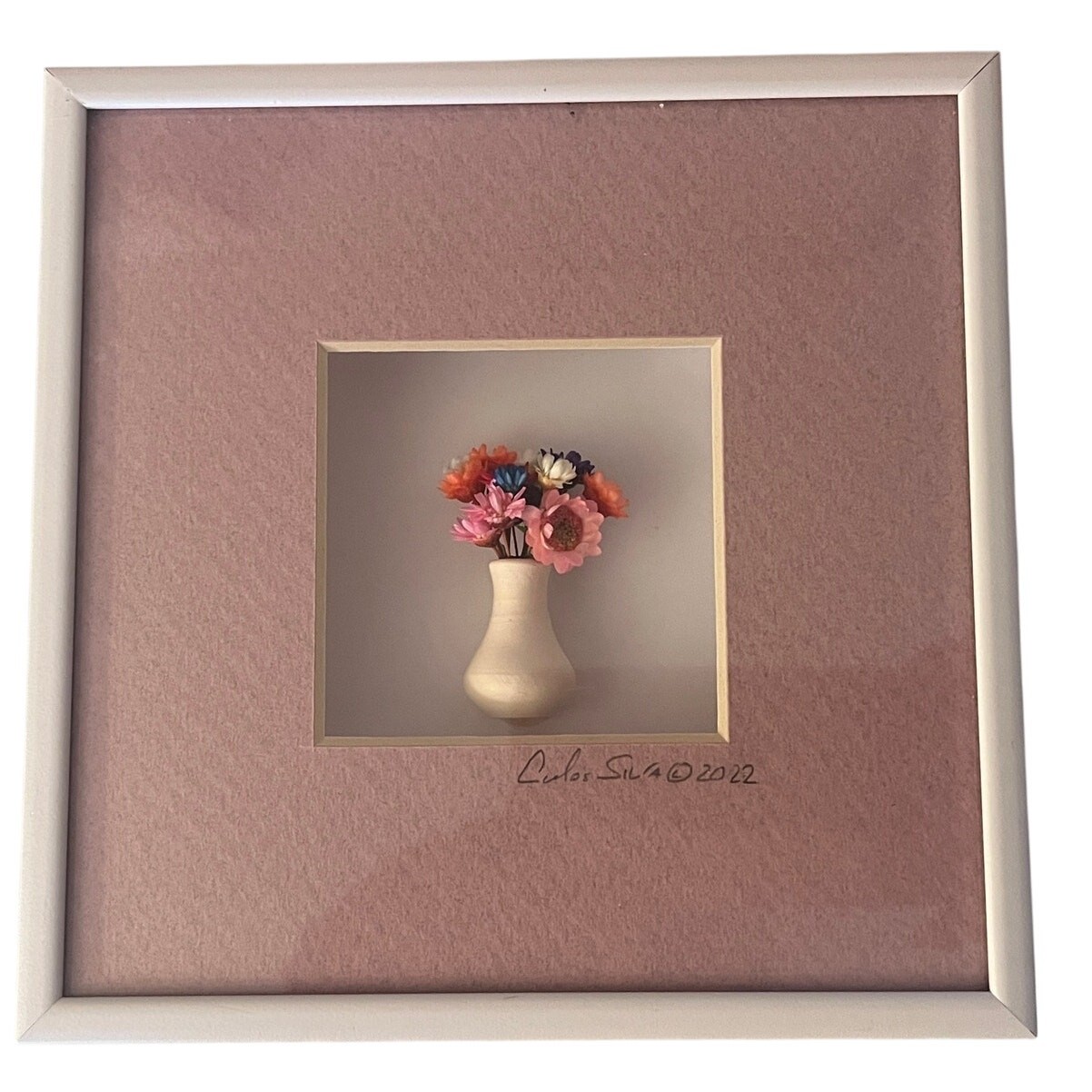 Carlos Silva Centuries Clayworks Art - Flower Vase in Shadowbox - Signed