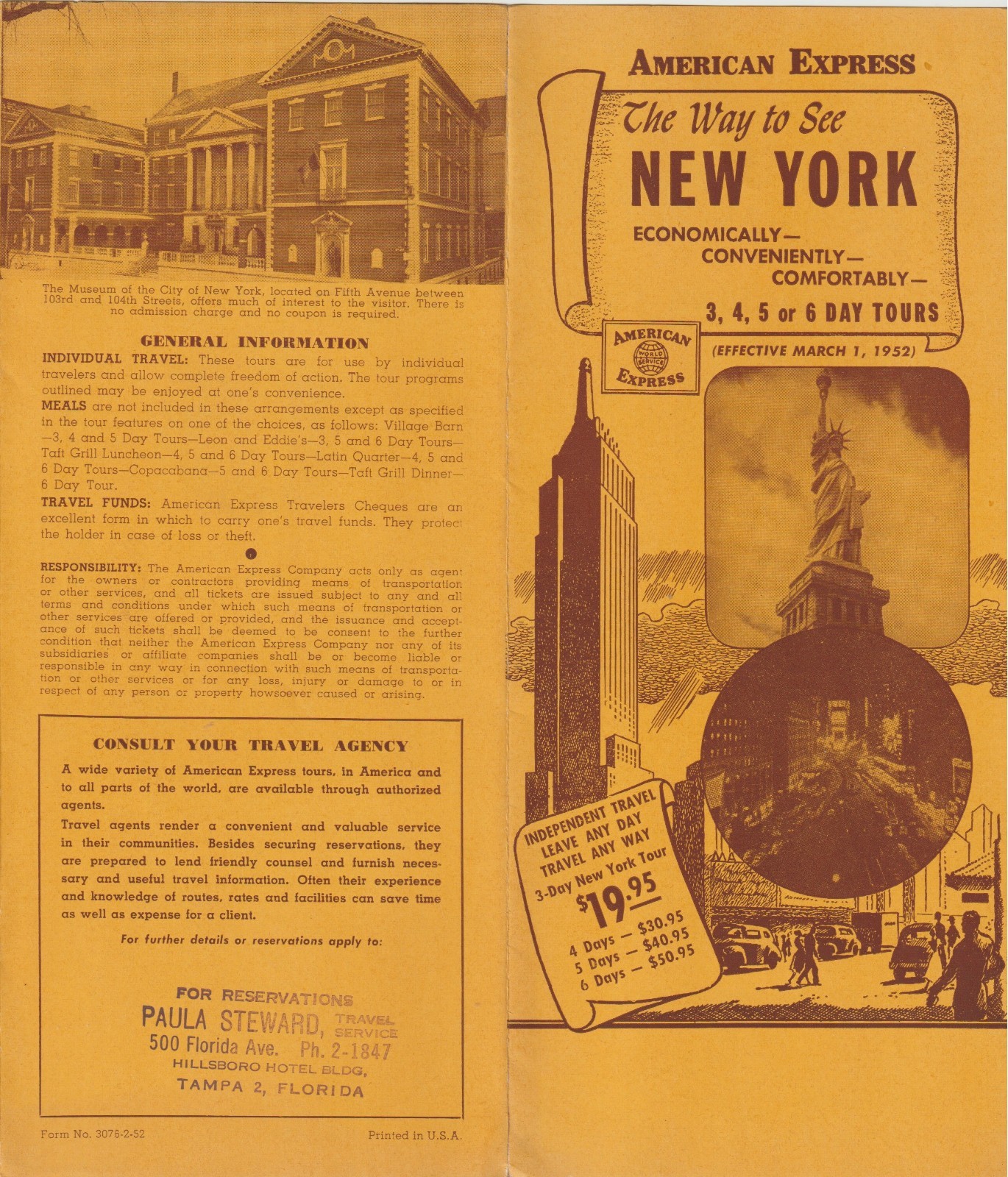 1952 AMERICAN EXPRESS TOUR TO NEW YORK CITY VINTAGE PAMPHLET