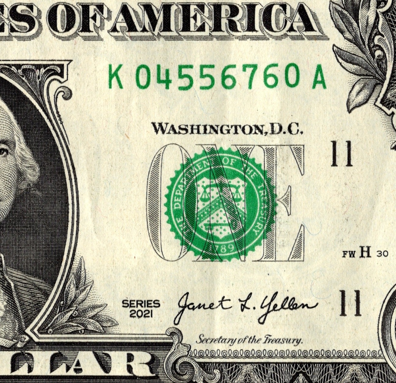 Four Digit Ladder Fancy serial number One Dollar Bill K04556760A