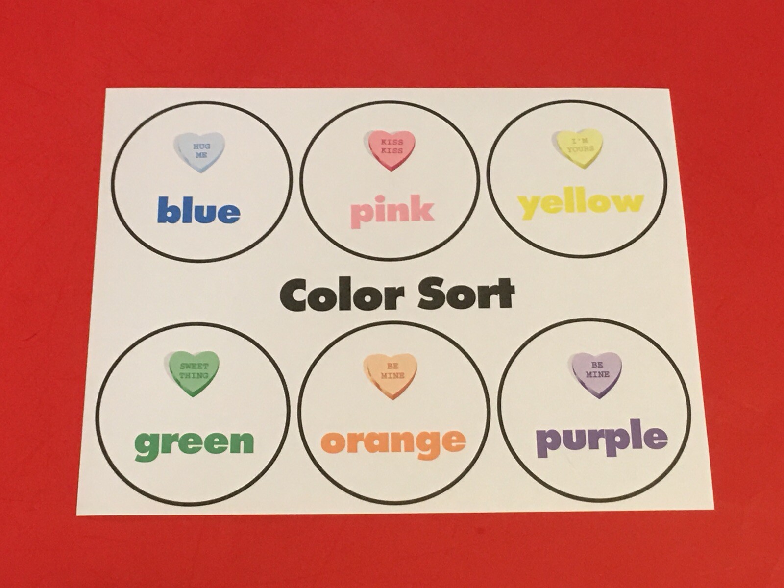 Valentine Hearts Color Sort Learning Mat - Laminated - Pre school Kindergarten