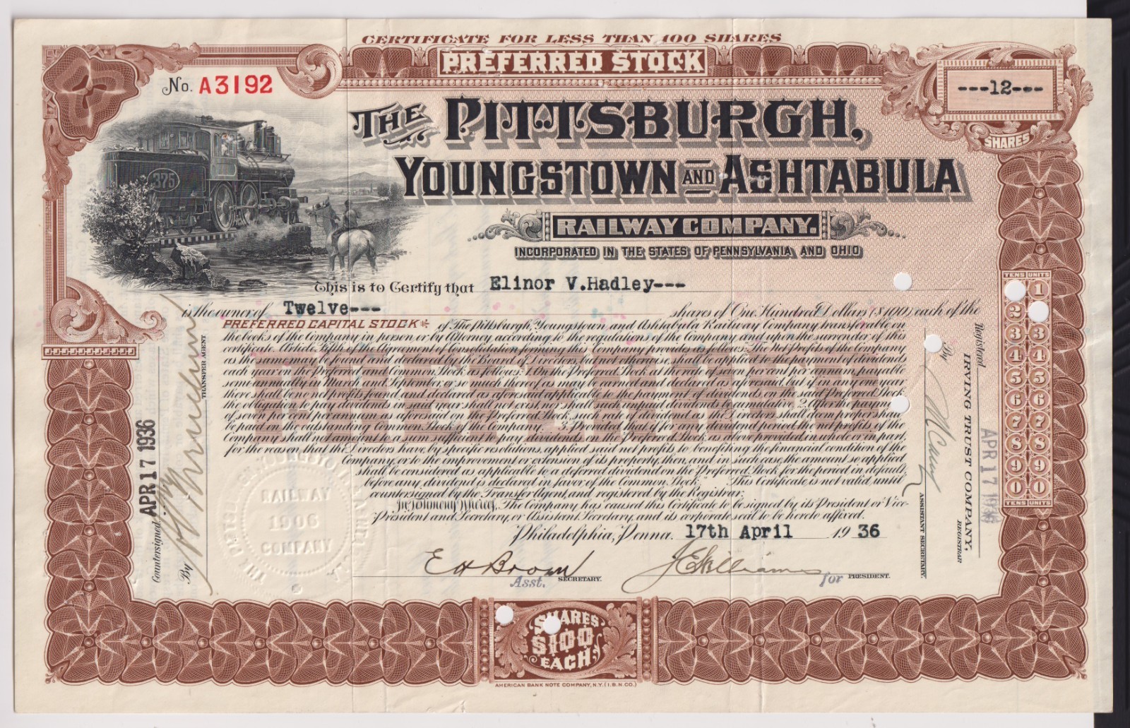 Wholesale Lot of 3 Pittsburgh Youngstown & Ashtabula Railroad Stock Certificate