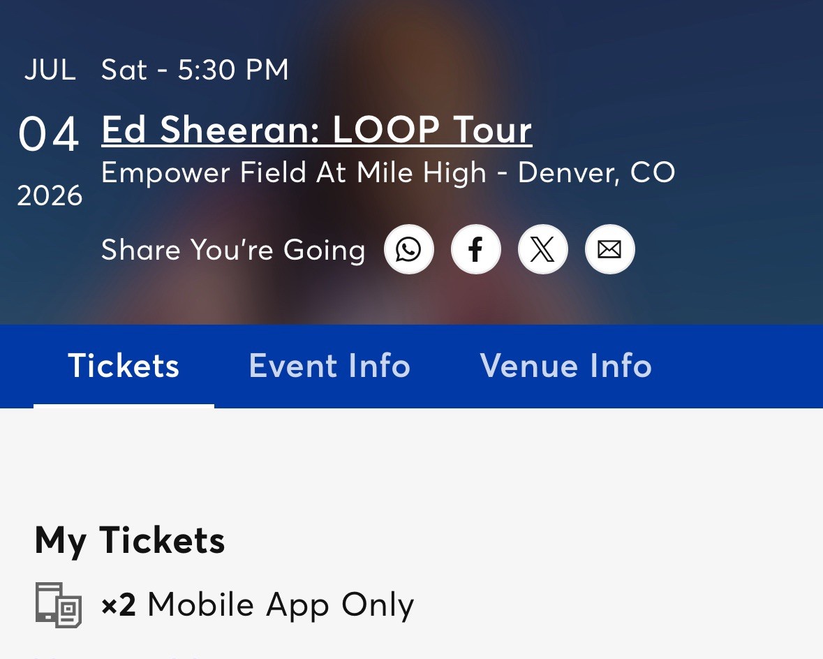 two concert tickets Ed Sheeran Denver