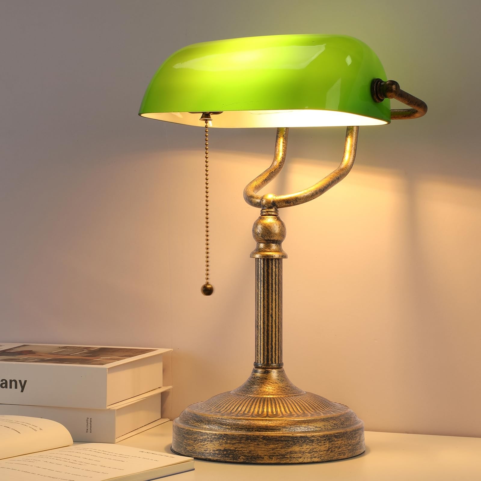 Bankers Desk Lamp,Green Glass Shade,Vintage Desk Lamp with Pull Chain Switch..