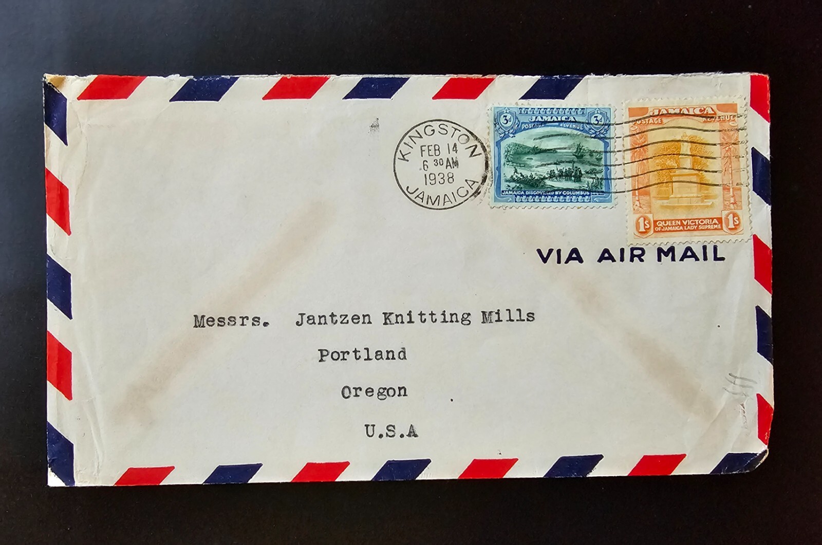 JAMAICA 1938 Cover KGVI One Shilling 1s and Three Pence 3d Portland Oregon USA