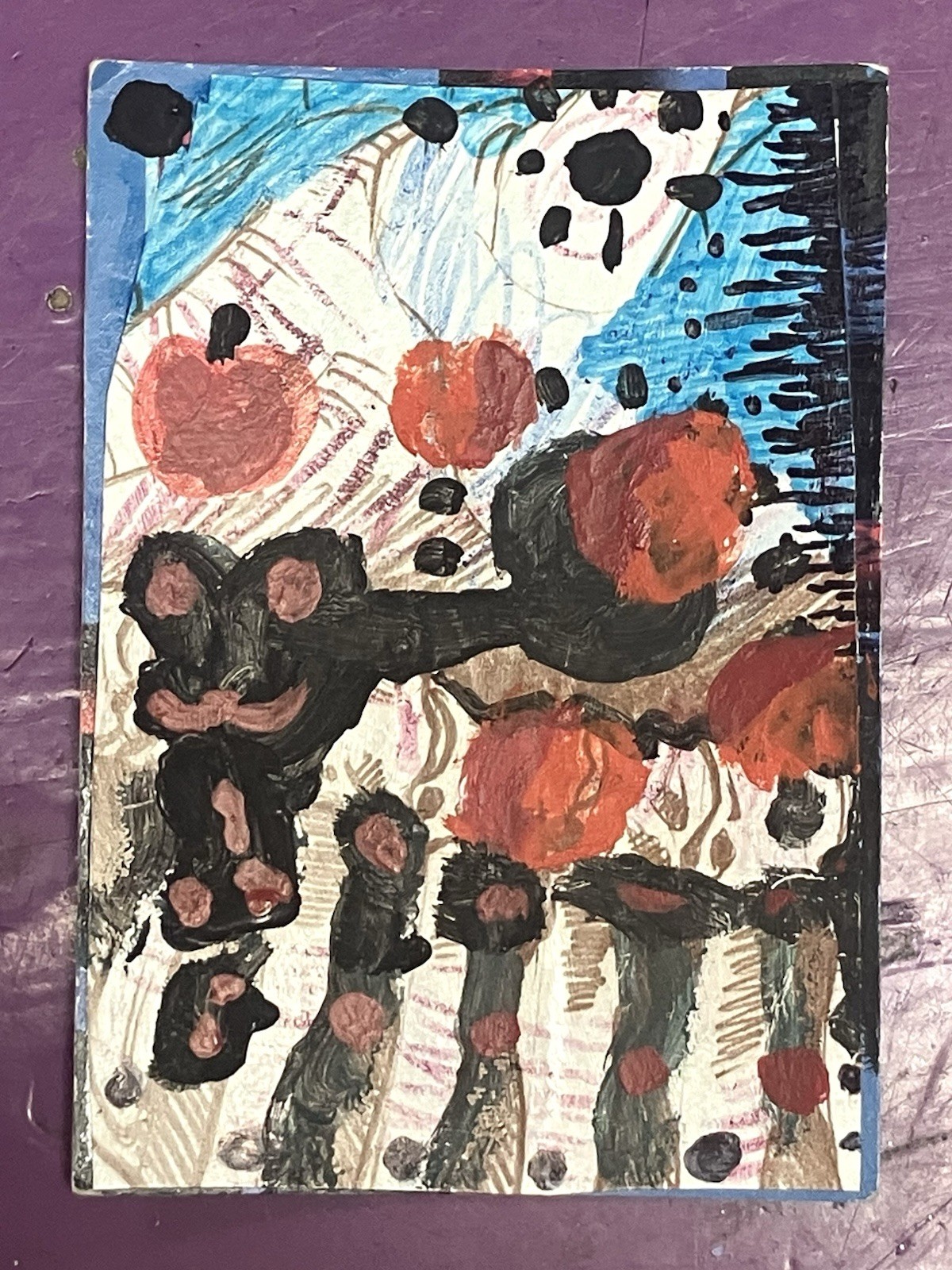 Abstract Mixed Media Collage Art Small Red Black PainTING Original ACEOS