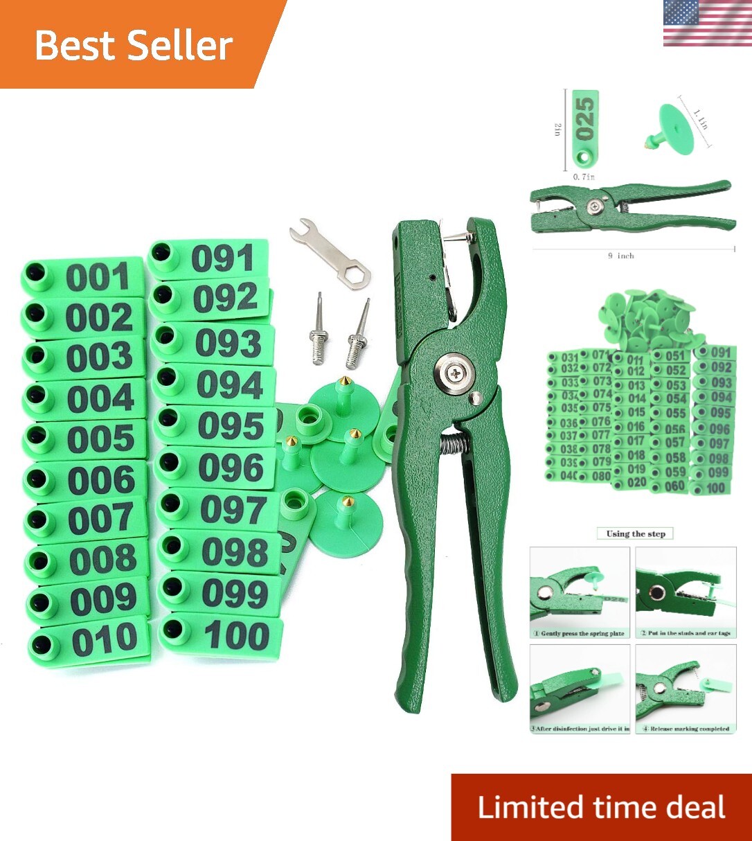 Durable Ear Tagging Pliers Set with 001-100 Number Tags for Livestock Safety