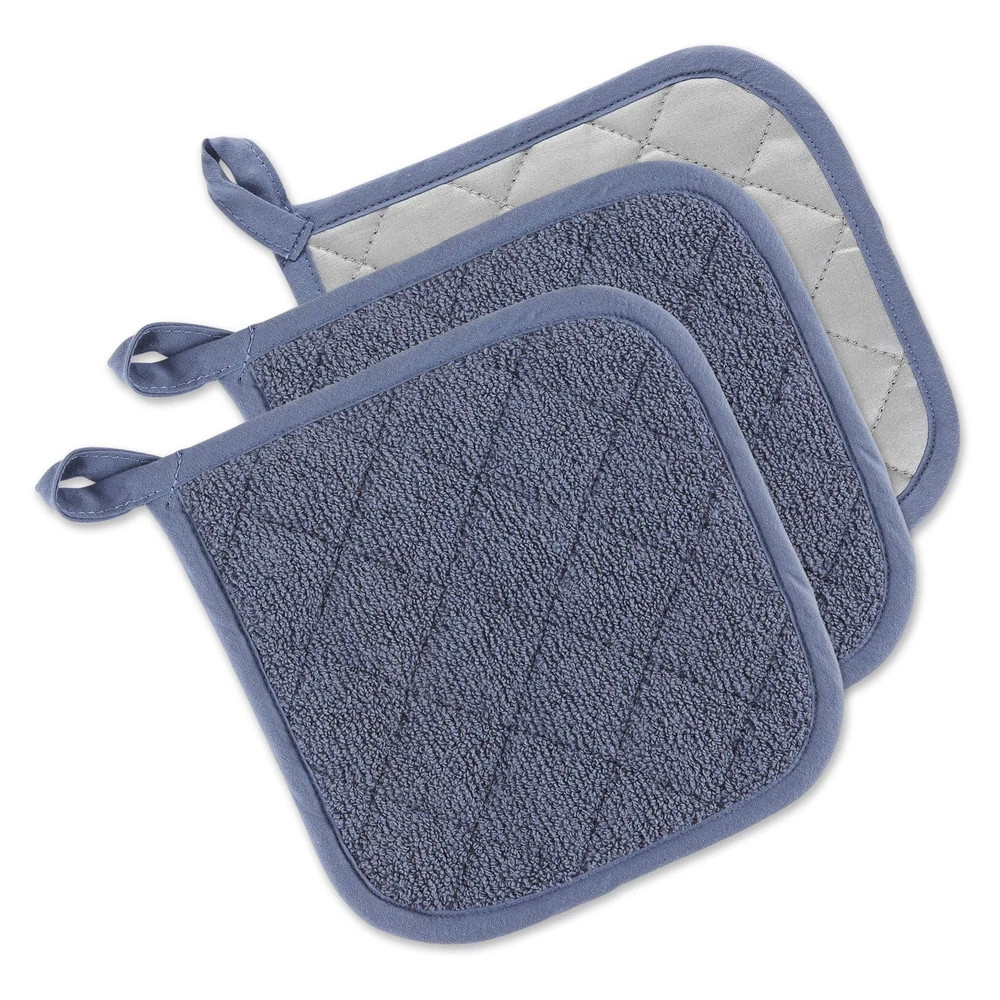 Stonewash Blue Cotton Potholders Set of 3 Heat Resistant Kitchen Essentials