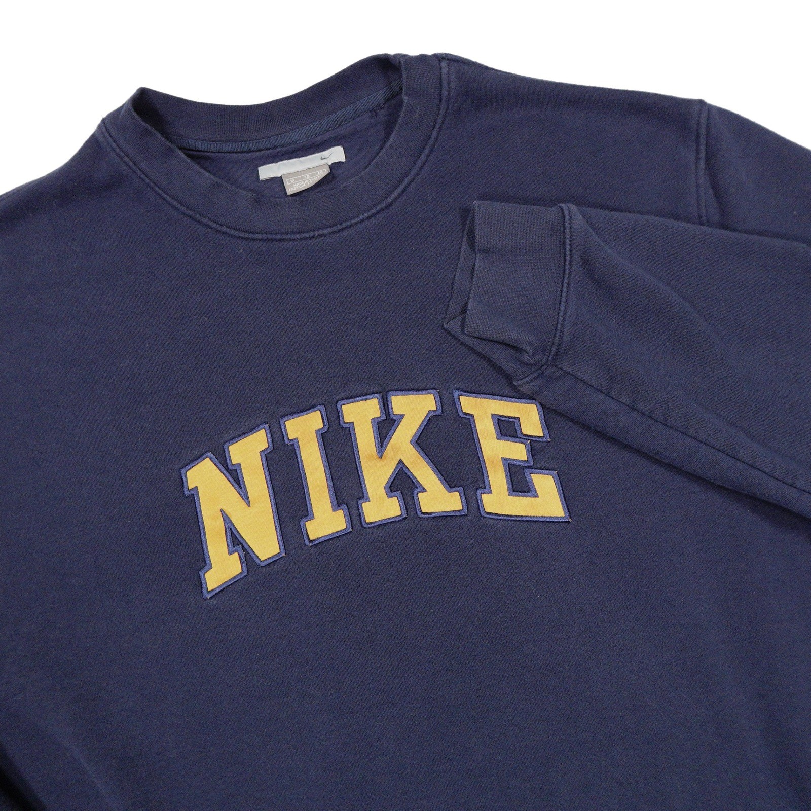 VTG Y2K NIKE Mens XL Navy Yellow Spellout Arch Logo Pullover Crewneck Sweatshirt