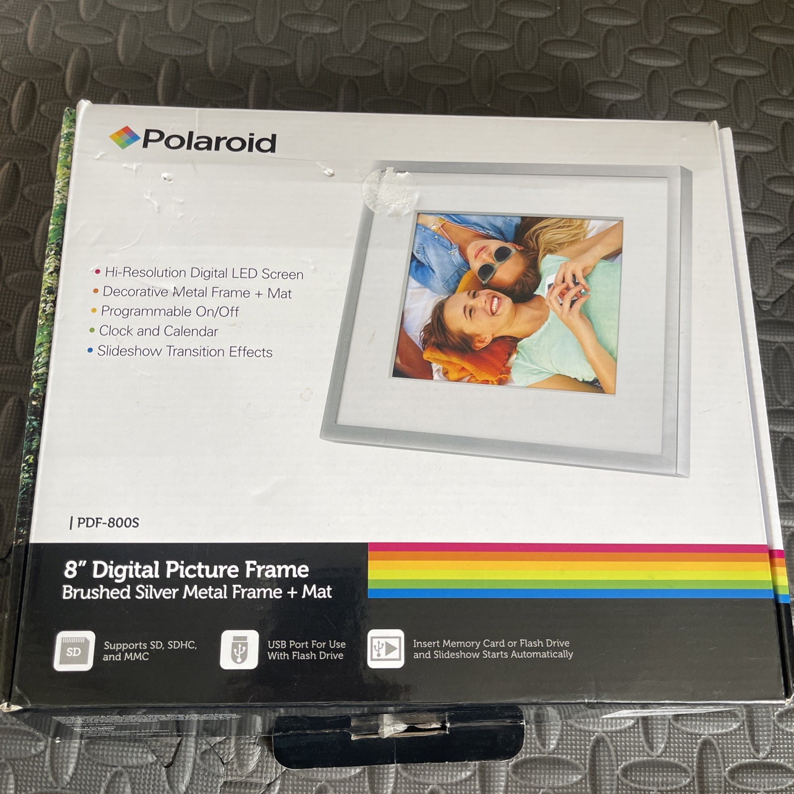 Polaroid 8" Digital Picture Frame Brushed Silver Metal Clock Calendar LED Screen